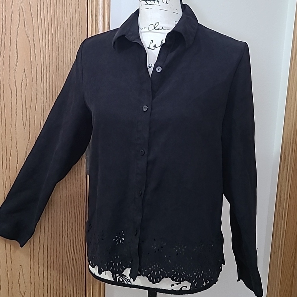 Relativity suede feel black button down laser cut eyelet floral pattern hem top